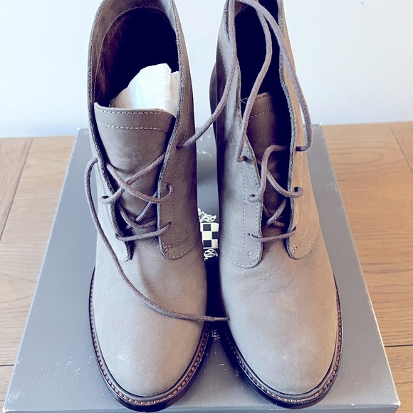 Vince Camuto stacked Booties. Grey nubuck leather stacked heel. - Picture 2 of 4